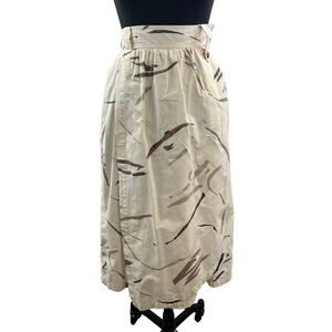 VINTAGE Laurel Escada Cream Brown Print Cotton Faux Wrap Knee Length Skirt 38
